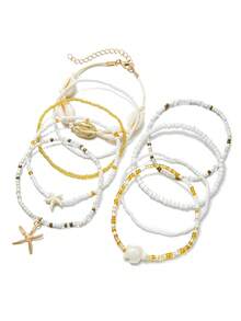 9pcs Resin Alloy Starfish Pendant Multilayer Bead Chain Anklet Set, Women Summer Beach Vacation Daily Wear - Multicolor - View 5