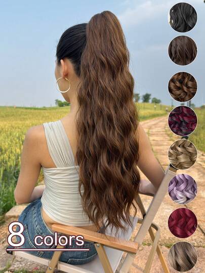 爪形马尾假发，棕色金色酒红色渐变，24英寸长波浪卷，耐热纤维合成马尾假发，适合女士派对和日常使用。