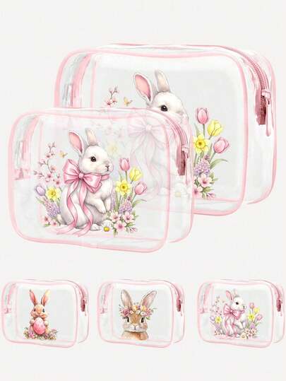 粉色复活节兔子图案PVC化妆包，拉链密封PVC旅行收纳袋，轻便防褪色化妆洗漱包，适合女性和女孩，便携式化妆盒，易于擦拭清洁，适合作为送给母亲、老师、朋友、护士、女性朋友的化妆包礼物，学校假期旅行洗漱包，防水化妆包