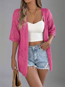 Summer New Hollow Out Short Sleeve Knit Cardigan, Vacation Beach Cover Up Thin Jacket For Women - Hot Pink - View 4