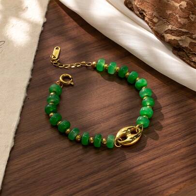 Pulsera con diseño de nariz de cerdo estilo bohemio, pulsera de cuentas de piedra natural verde, adecuada para uso diario, casual, playa, Ramadán, regalo de joyería para fiesta de cumpleaños