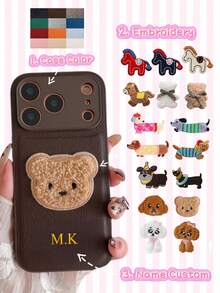Personalized Litchi Pattern Embroidered Puppy Faux Leather Phone Case, 3D DIY Engraved Letters Initials Name Soft Leather Cover Compatible With 17 16 15 14 13 12 11 Pro Max, Full Camera Protection Anti-Drop Case, Couple Phone Case - Multicolor - View 2