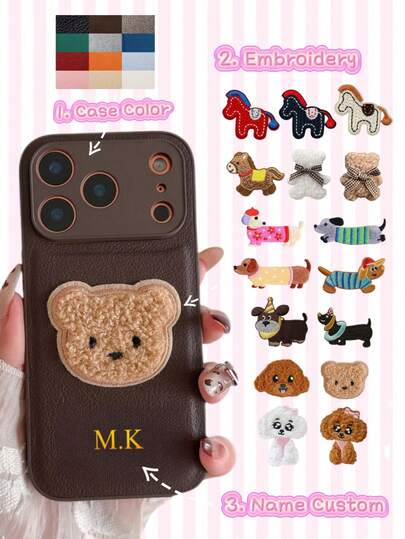 Personalized Luxury Litchi Texture Embroidered Dog Leather Phone Case, Customized Name 3D DIY Engraved Letters Initials Name Soft Litchi Pattern Leather Cover Compatible With Apple 17 16 15 14 13 12 11 Pro Max, Full Camera Protection Anti-Fall Phone Case, Korean Minimalist Retro Couple Phone Case, Good Birthday Gift Christmas Gift Gift For Her Personalized Gift Etsy/ Customized Product Customized Gift For Her Anniversary Wedding Gift