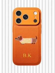 Personalized Litchi Pattern Embroidered Puppy Faux Leather Phone Case, 3D DIY Engraved Letters Initials Name Soft Leather Cover Compatible With 17 16 15 14 13 12 11 Pro Max, Full Camera Protection Anti-Drop Case, Couple Phone Case - Multicolor - View 5