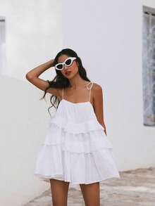 Damen Sommer halb-transparentes quadratisches Ausschnitt Urlaubs-Stil sexy Rüschen-Saum Spaghettiträger Kuchen Kleid, rückenfreies ärmelloses locker sitzendes Mini-Kleid, Sommer Outfits, Konzert Outfit für Frauen, Rave Outfits Festival, Urlaubs Outfits für Frauen Party Elegant Weiß - Weiss - Übersicht 7