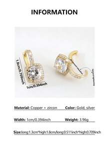 一对优雅闪亮立方氧化锆几何圆形和方形耳环，奢华女士耳环，新娘礼物，约会之夜 - 方塊 - 查看 2