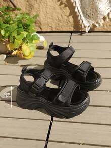 FRIFUL Sandalias deportivas de plataforma y cuña de verano para mujer, con correa de gancho y bucle, unicolor, cómodas para estudiantes - Negro - Ver 7