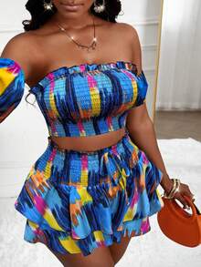 Women's Color Block Print Off-Shoulder Short Sleeve Casual 2 Pieces Set,Beach Set,Beach Vacation Outfits,Going Out Set,Summer Holiday Outfits - Multicolor - View 3