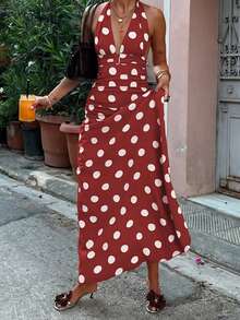 2026春夏新款时尚休闲百搭日常度假撞色波点V领露背修身长裙，波点连衣裙，春假穿搭，情人节女士穿搭，派对连衣裙，沙滩连衣裙，街头风，Y2K风格，粉色连衣裙，生日连衣裙，嘉年华服装，女士正式礼服/长裙，女士奢华晚礼服，女士休闲连衣裙，度假连衣裙，女士毕业礼服，女士婚礼宾客连衣裙，圣帕特里克节连衣裙，女士复活节连衣裙，节日连衣裙，春季优雅服饰 - 紅色 - 查看 7