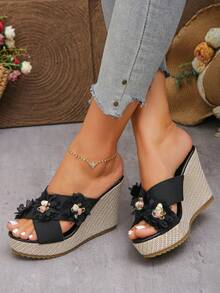 Fashionable Floral Wedge Platform Sandals, Summer Goddess Style Floral Waterproof High Heel Slip-On Slippers - Black - View 3