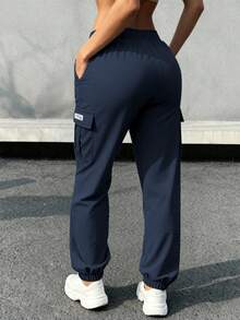 Pantalones cargo con cordón en la cintura para mujer, livianos y transpirables, diseño de bolsillos grandes, uso versátil y casual para ocasiones diarias en primavera - Azul - Ver 3