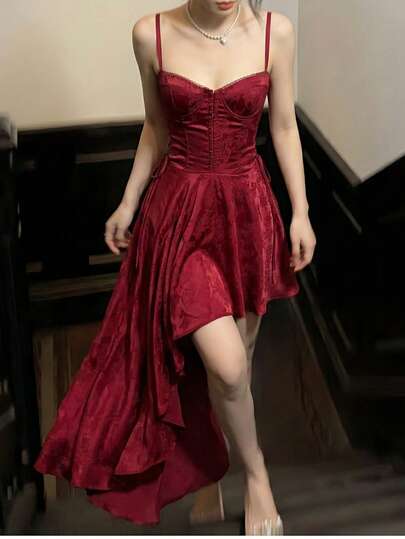 Summer Elegant Asymmetrical Hem Evening Party Dress, Women's Spaghetti Strap Vintage Jacquard Wedding Guest Sleeveless Burgundy Vacation Beach Dress