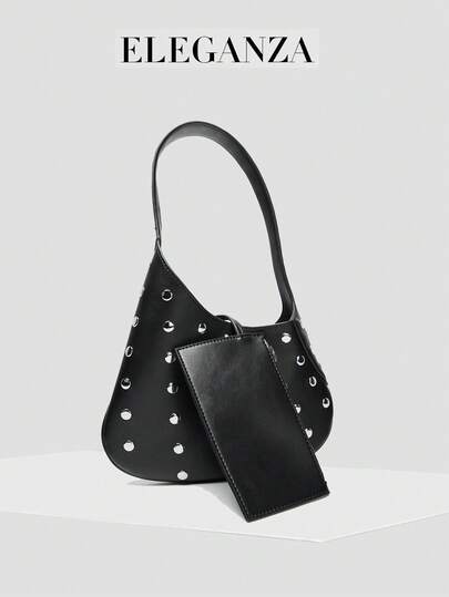 1pc Black Fashion Heavy-Duty Shoulder Bag, Detachable Wallet, Rivet Decor Handbag, Suitable For Commuting, Casual, Party, Shopping, Daily, Campus, Business, Travel, Paired Well With T-Shirts, Blouses, Camisoles, Dresses