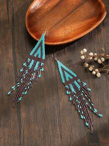 1对女士时尚流苏耳环，波西米亚复古长几何图案串珠流苏设计，手工编织耳环，适合日常佩戴、度假、送礼、情侣礼物 - 彩色 - 查看 5