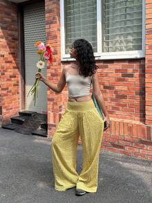 2026早春新款女士休闲优雅街头风高腰弹力格纹黄色阔腿裤，适合演唱会、音乐节等场合，展现Y2K时尚风格，也适合休闲穿着、沙滩装、春季服饰、街头风、毕业季、夏季、假日或度假等场合。 - Butter Yellow - 查看 5