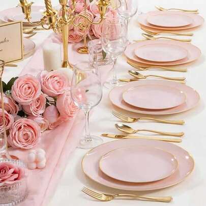 50/25/10/2pcs Pink Single Gold Rim Dinnerware Set, Food Trays, Fruit Salad Plates, Dinner Plates, Dishes, Washable Salad Tableware, Reusable, Easy To Clean. Suitable For Wedding Decor, Christmas Decor, Birthday Party, Family Gathering, Outdoor Team Building, School, Restaurant And Kitchen Party Tableware, Household School Seasonal Gift