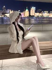 Women's Spring/Summer New Knitted 3D Lace Drawstring Hooded Cardigan, Long Sleeve Top Outerwear. French Romantic Lace Hooded Cardigan, Soft & Relaxed, Suitable For Wedding, Vacation, Dates - Apricot - View 7