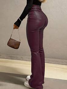 GILIPUR New Y2K Style Women's Burgundy PU Leather Pants, High Waist Casual Elegant Fashion Bottoms, Straight Loose Fit, Streetwear Spring - Burgundy - View 4
