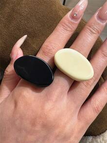 Set de 2 anillos de resina geométrica asimétrica en negro y beige, conjunto de anillos minimalistas vintage, adecuados para uso diario, vacaciones y fiestas - Multicolor - Ver 6