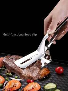 1个不锈钢食物翻夹，重型二合一铲钳，适用于煎牛排、鱼、汉堡、烧烤、烘焙、油炸不粘锅烹饪工具 - 銀色 - 查看 4