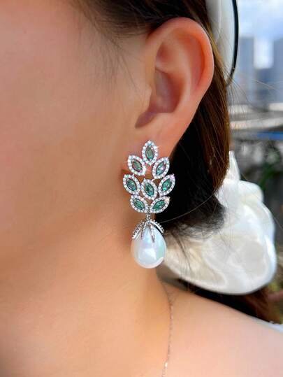 1 Pair Blue Marquise Leaf Cubic Zirconia Long Drop Pearl Dangle Earrings, Elegant CZ Silver Plated Jewelry For Wedding, Engagement, Party, Prom, Brides, Bridesmaids, Girlfriends, Wife, Mother Gift