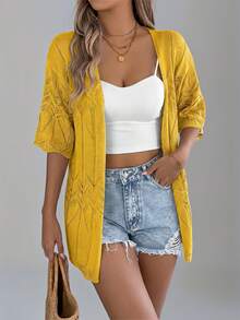 Nuevo cárdigan de punto de manga corta con diseño calado para el verano, chaqueta fina tipo cubrecosturas para playa y vacaciones para mujeres - Amarillo - Ver 4