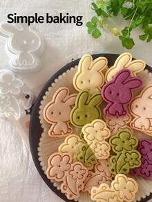 A Cute Little Rabbit-Shaped Cookie Cutter, A Cookie Stamp Featuring A Little Rabbit, Chrysanthemum And Rose Patterns, A Kitchen Parent-Child Cookie Mold, A Set Of Love Snacks-Making Tools For Giving To Mom. - View 4