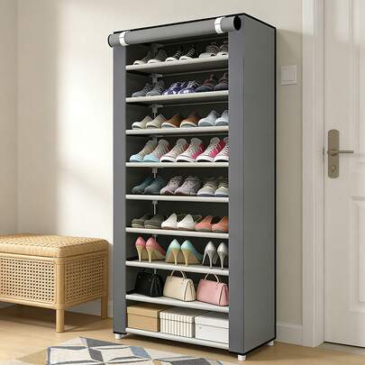 رف أحذية من 9 طبقات مع غطاء، خزانة تخزين أحذية من الصلب الكربوني قائمة بذاتها، منظم تخزين الأحذية رف أحذية مناسب ل- 27-30 زوج من الأحذية للأحذية الرياضية والكعب العالي، رمادي