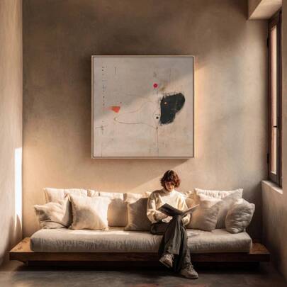 1 pieza Pintura de pared abstracta japonesa Wabi-Sabi - Una pintura de lienzo minimalista adecuada para la decoración de interiores modernos, con rojo, negro y beige como colores principales.