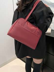 复古学院风大容量单肩包，通勤腋下手提包，韩版高端设计女士手提包 - 酒紅色 - 查看 2