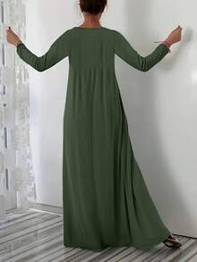 Đầm dài tay cổ chữ V màu trơn có túi, kiểu dáng thanh lịch, thoải mái dành cho nữ cỡ lớn, thích hợp cho mùa xuân/hè. - xanh quân đội - Xem 2