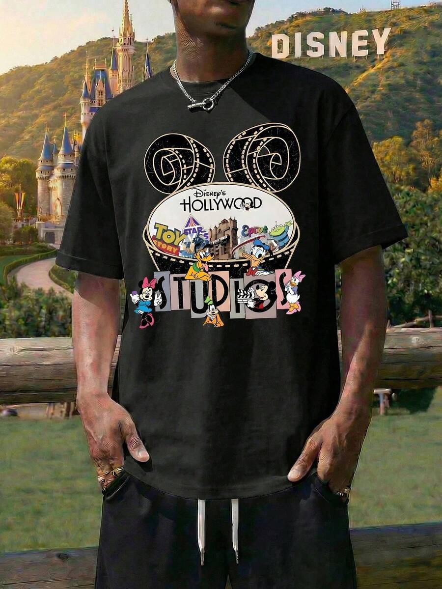 Men's Black Pullover Short-Sleeved T-Shirt, Featuring Disney Lettering And Mickey Mouse Graphic Prints, Round Neck Casual And Comfortable T-Shirt, Breathable And Light, For Sports And Leisure Wear, Suitable For Gifts, For Parties. - màu đen - Xem 1