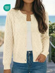 女士柔软圆领单排扣宽松针织开衫 - 杏色 - 查看 2