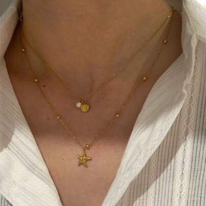 1 Starfish Shell Pearl Pendant Necklace, Light Luxury, Niche, Versatile, Cool Style, Collarbone Chain For Women