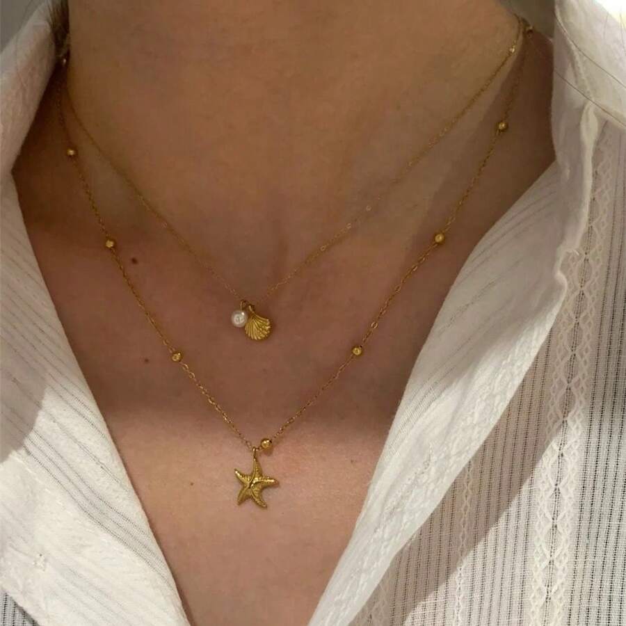 1条海星贝壳珍珠吊坠项链，轻奢，小众，百搭，时尚，女士锁骨链 - 金色 - 查看 1