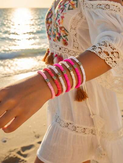 7件套波西米亚渐变色聚合物粘土串珠心形吊坠手链套装，适合海滩、日常、休闲、派对佩戴，可作为礼物送给家人、朋友，也适合生日、节日等场合。