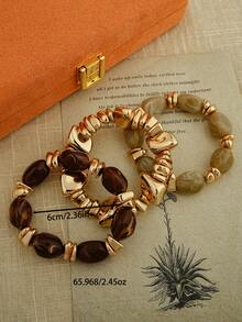 3pcs/Set Vintage Boho Style Thick Multi-Layer Brown Acrylic Beaded Bracelet, Luxury High-End For Women, Couples, Party, Daily Wear - Multicolor - View 2