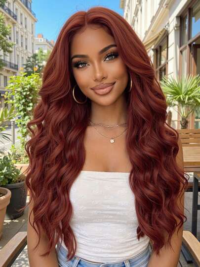 28 Inch Reddish Brown Water Wave Wigs For Women, Machine Made Heat Resistant Synthetic Wig For Daily & Party Wear No Bangs