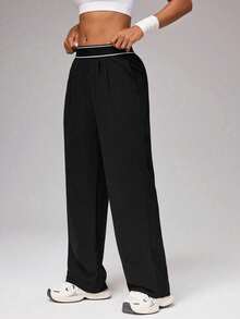 Women's Loose Fit Wide Leg Track Pants, Solid Color High Waist Athletic Pants With Contrast Waistband, Casual Outdoor & Loungewear Bottoms, Minimalist Stylish Activewear For Teens, Juniors & Adults, Ideal For Spring & Summer - 黑色 - 查看 3