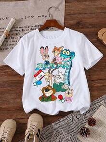 Disney Zootopia Character Ensemble Judy Nick Cartoon Mashup Hello Clark Printed Pattern T-Shirts For Girls - Children's Clothing Design Short-Sleeved Casual And Cute Style Comfortable And Casual Wear All Year Round Suitable For Parties And Play Machine Washable Gift Children's Clothing Girls' Short-Sleeved Shirts - 白色 - 查看 2