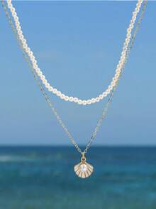 2pcs Ocean Style Enamel Scallop & Pearl Pendant Necklace, Faux Pearl Beaded Chain Double Layer Necklace For Women - Gold - View 2