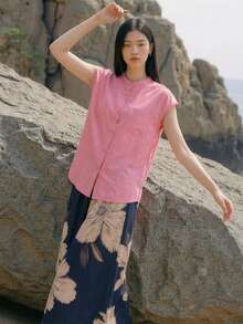 Y6Y New Summer Women Pink Open Front Button Minimalist Blouse Shirt - Pink - View 3