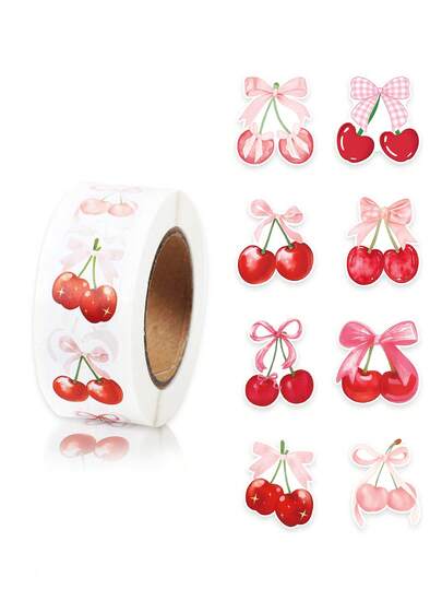 500pcs/Roll Pink Cherry Shaped Stickers, Cute Kids Diy Craft Stickers, Pink Bow Cherry Pattern Aesthetic Cute Graffiti Decals For Laptop Luggage Computer Scrapbook Stationery Phone Sticker Kids Toy Gifts, Baby Shower Birthday Gifts Bags Envelope Decor Seal Stickers, Pink Party Gifts Decorations Label Stickers, Girl Kids Art Craft Office School Supplies, Game Prizes