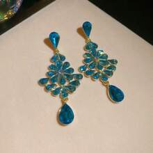 1 par de pendientes colgantes con borlas de lágrima con incrustaciones de rhinestone, diseño de moda para fiestas y eventos - Azul - Ver 6