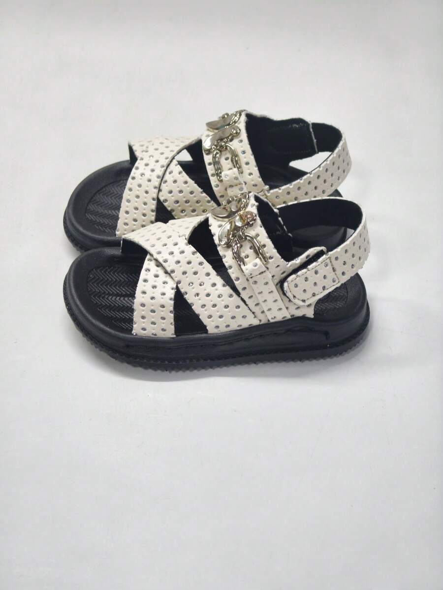 婴儿蝴蝶金属扣凉鞋，绑带魔术贴平底沙滩鞋，夏季 - 米色 - 查看 1