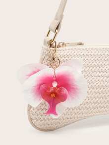 女士腋下编织法棍包，轻便时尚休闲海滩度假风，饰有蝴蝶装饰吊坠，适合购物和度假 - 杏色 - 查看 6