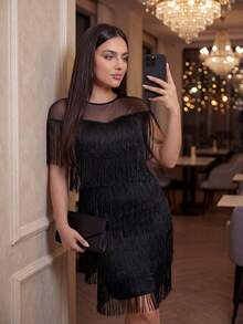 SHEIN Lady Plus Size Summer Elegant Splice Mesh Tassel Trim Bodycon Dress Cruise Outfits Women - Black - View 1