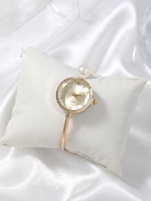 1pc Women's Delicate Fiber Bracelet With 1 Large Pearl, Diamond Cut Glass Rhinestone Dial, Minimalist Quartz Watch Chain - Gold - View 3