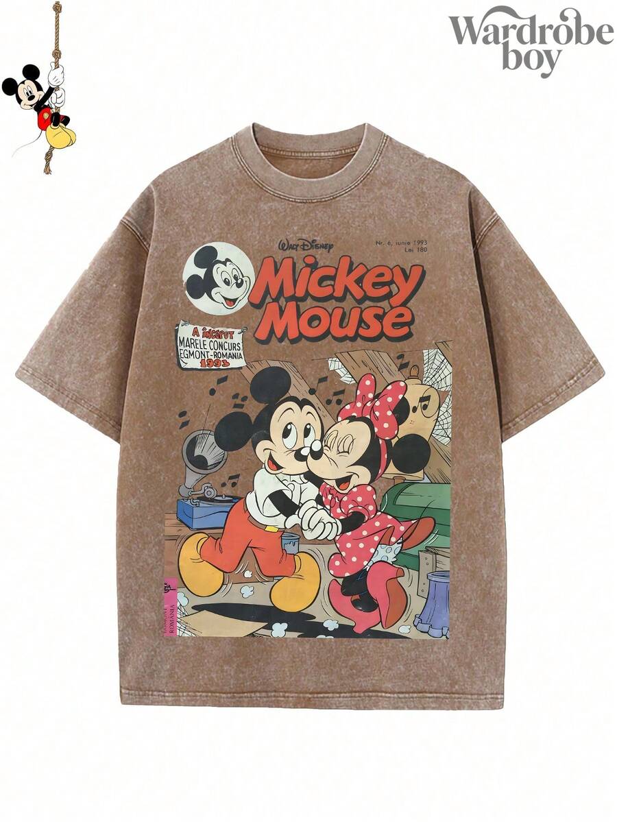 Disney Printed Wash Water T-Shirt,Disney Mickey And Minnie Couple Pattern Printed T-Shirt, Disney Couple T-Shirt,Unisex,High-Quality Pure Cotton T-Shirt,Suitable For All Seasons, Comfortable And Breathable| Exquisite Design | The Best Choice For Giving Gifts - 卡其色 - 查看 1
