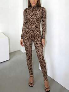 DOUCIU 豹纹长袖休闲修身连体裤 - 卡其色 - 查看 1